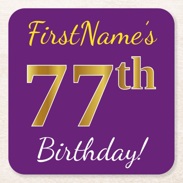 Purple, Faux Gold 77th Birthday + Custom Name Square Paper Coaster (Front)