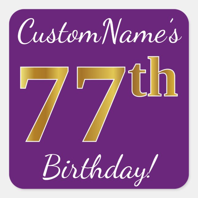 Purple, Faux Gold 77th Birthday + Custom Name Square Sticker (Front)