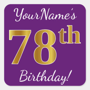 Purple, Faux Gold 78th Birthday + Custom Name Square Sticker