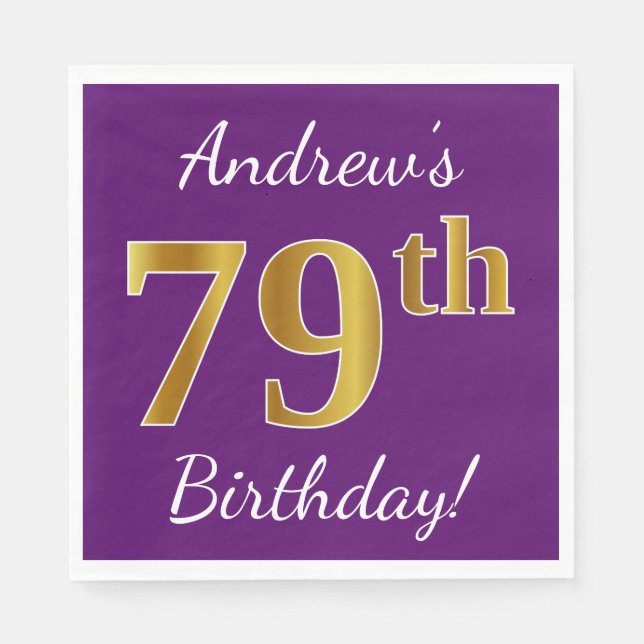 Purple, Faux Gold 79th Birthday + Custom Name Napkin (Front)