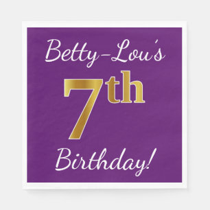 Purple, Faux Gold 7th Birthday + Custom Name Napkin