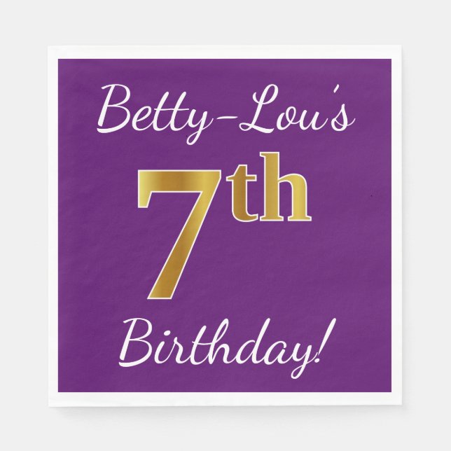 Purple, Faux Gold 7th Birthday + Custom Name Napkin (Front)