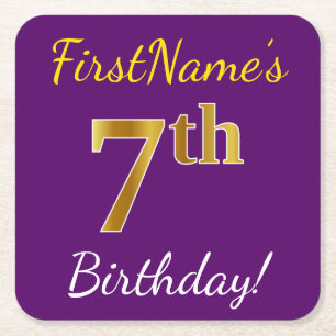 Purple, Faux Gold 7th Birthday + Custom Name Square Paper Coaster
