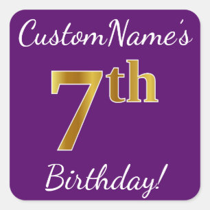 Purple, Faux Gold 7th Birthday + Custom Name Square Sticker