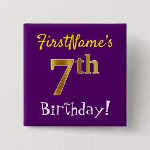 Purple, Faux Gold 7th Birthday, With Custom Name 2 Inch Square Button