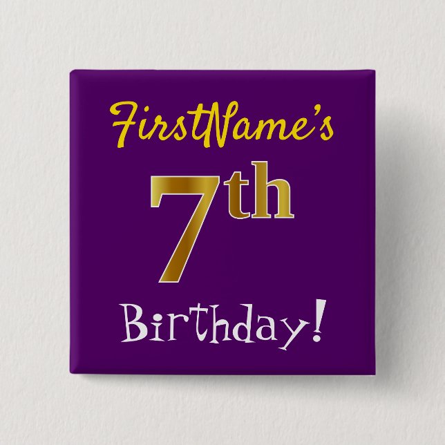 Purple, Faux Gold 7th Birthday, With Custom Name 2 Inch Square Button (Front)