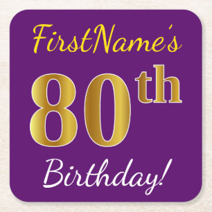 Purple, Faux Gold 80th Birthday + Custom Name Square Paper Coaster
