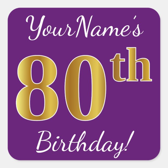 Purple, Faux Gold 80th Birthday + Custom Name Square Sticker (Front)