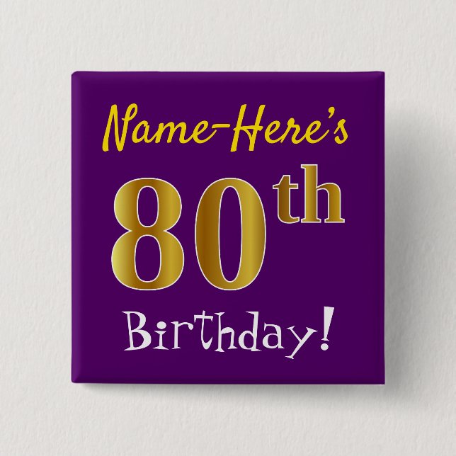 Purple, Faux Gold 80th Birthday, With Custom Name 2 Inch Square Button (Front)