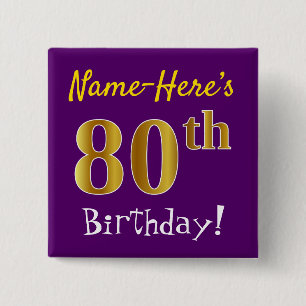 Purple, Faux Gold 80th Birthday, With Custom Name 2 Inch Square Button
