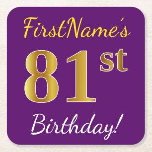 Purple, Faux Gold 81st Birthday + Custom Name Square Paper Coaster