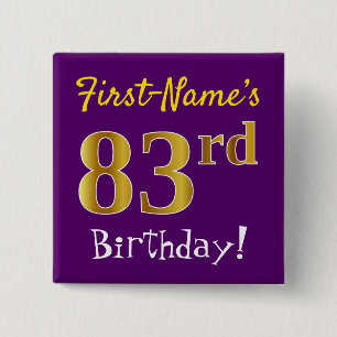 Purple, Faux Gold 83rd Birthday, With Custom Name 2 Inch Square Button