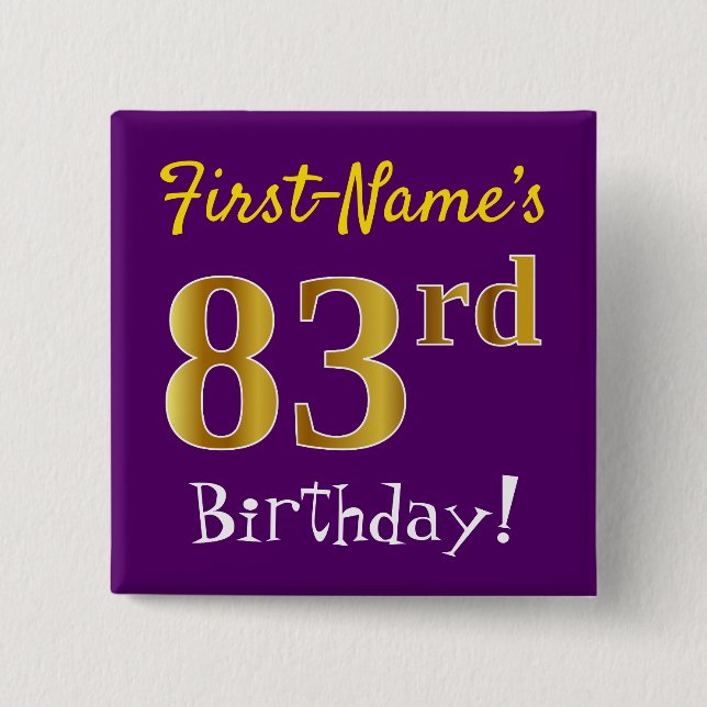 Purple, Faux Gold 83rd Birthday, With Custom Name 2 Inch Square Button (Front)