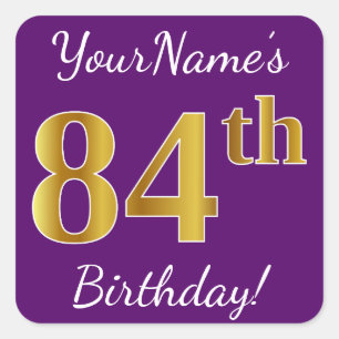 Purple, Faux Gold 84th Birthday + Custom Name Square Sticker