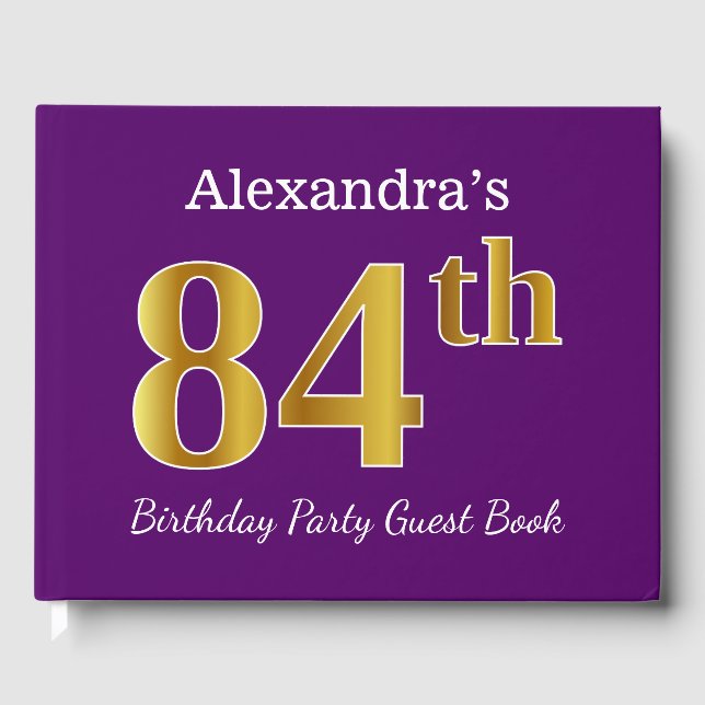 Purple, Faux Gold 84th Birthday Party; Custom Name Guest Book (Front)