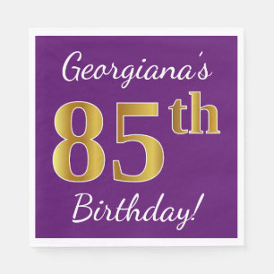 Purple, Faux Gold 85th Birthday + Custom Name Napkin