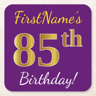 Purple, Faux Gold 85th Birthday + Custom Name Square Paper Coaster