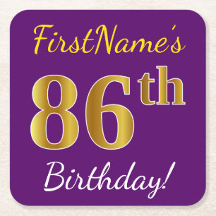 Purple, Faux Gold 86th Birthday + Custom Name Square Paper Coaster