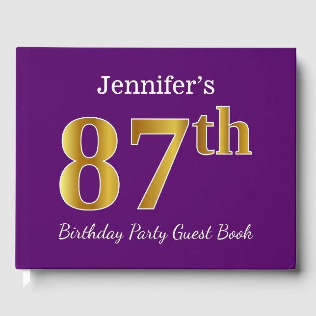 Purple, Faux Gold 87th Birthday Party; Custom Name Guest Book (Front)
