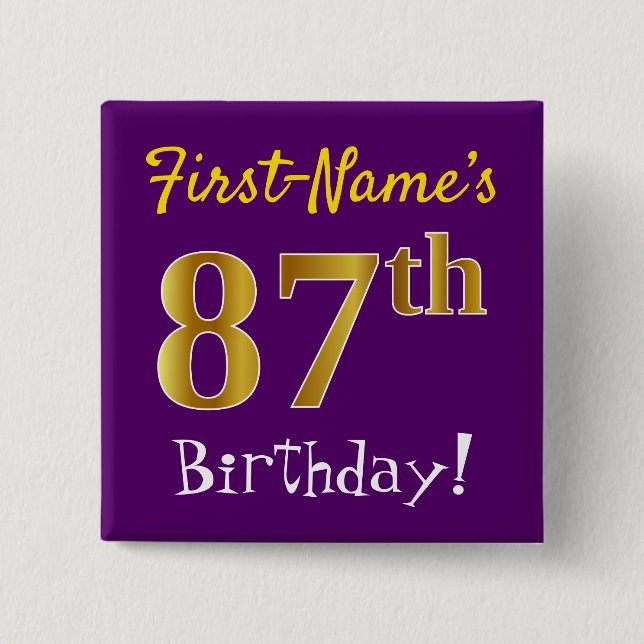 Purple, Faux Gold 87th Birthday, With Custom Name 2 Inch Square Button (Front)