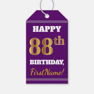 Purple, Faux Gold 88th Birthday + Custom Name Gift Tags