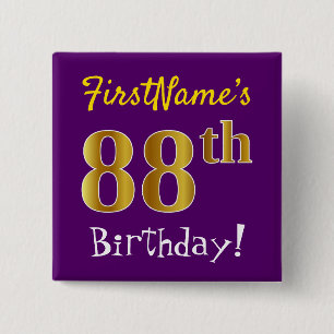 Purple, Faux Gold 88th Birthday, With Custom Name 2 Inch Square Button