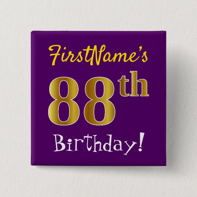 Purple, Faux Gold 88th Birthday, With Custom Name 2 Inch Square Button (Front)