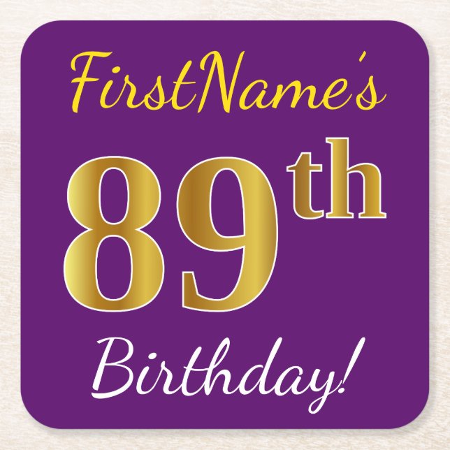 Purple, Faux Gold 89th Birthday + Custom Name Square Paper Coaster (Front)