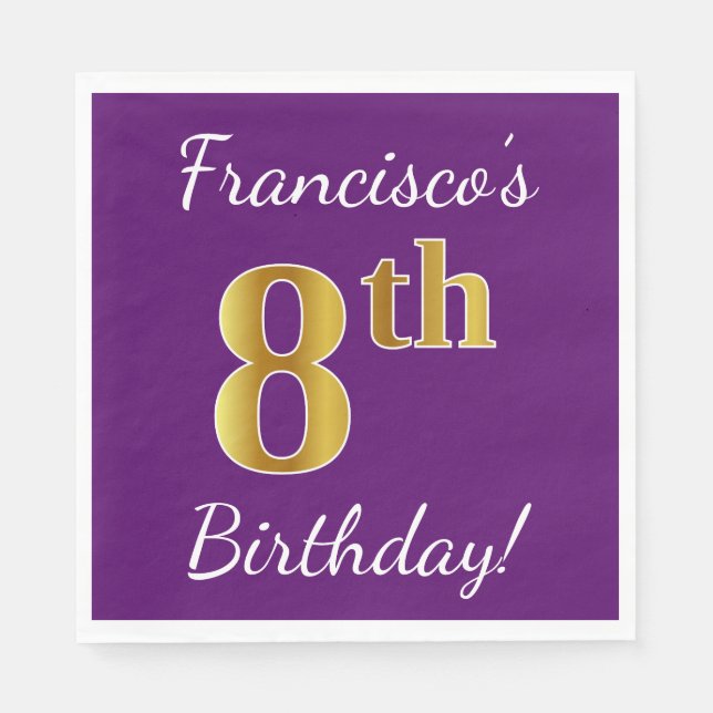 Purple, Faux Gold 8th Birthday + Custom Name Napkin (Front)