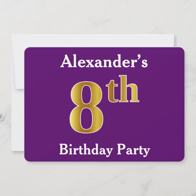 Purple, Faux Gold 8th Birthday Party + Custom Name Invitation (Front)