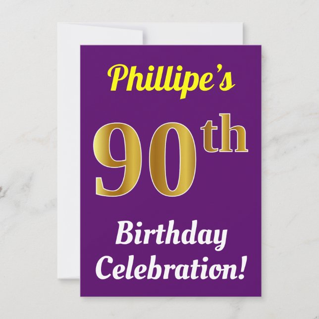 Purple, Faux Gold 90th Birthday Celebration + Name Invitation (Front)