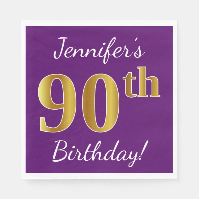 Purple, Faux Gold 90th Birthday + Custom Name Napkin (Front)