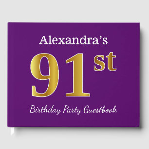 Purple, Faux Gold 91st Birthday Party; Custom Name Guest Book