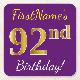 Purple, Faux Gold 92nd Birthday + Custom Name Square Paper Coaster