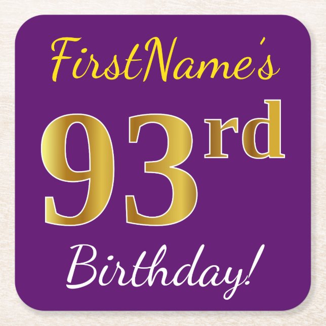 Purple, Faux Gold 93rd Birthday + Custom Name Square Paper Coaster (Front)