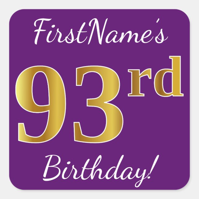 Purple, Faux Gold 93rd Birthday + Custom Name Square Sticker (Front)
