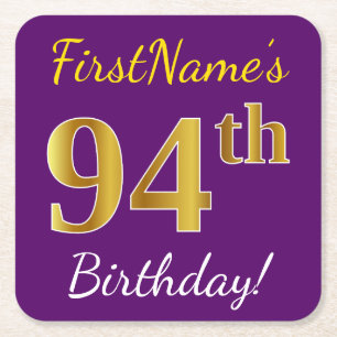 Purple, Faux Gold 94th Birthday + Custom Name Square Paper Coaster