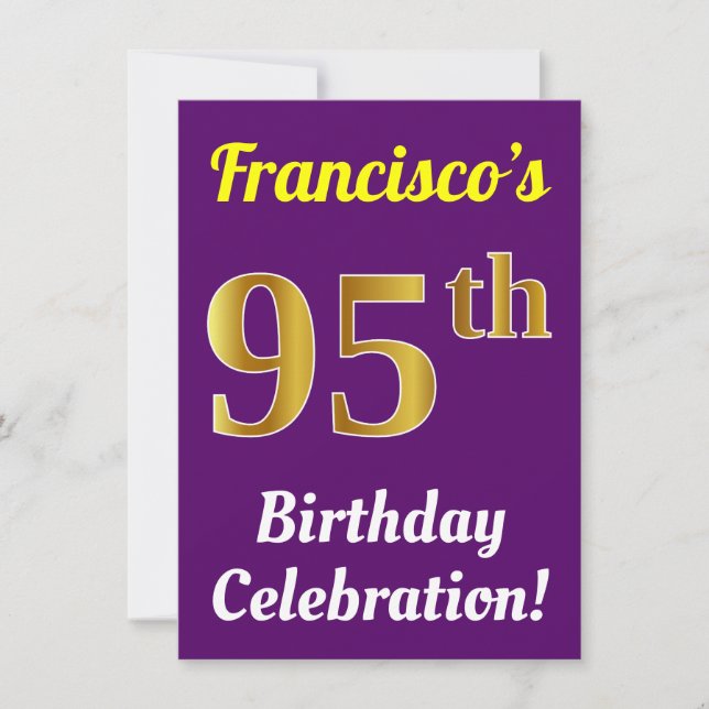 Purple, Faux Gold 95th Birthday Celebration + Name Invitation (Front)