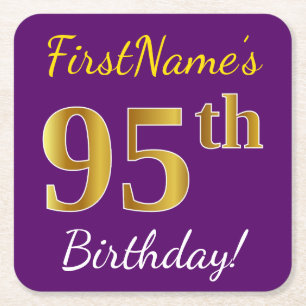 Purple, Faux Gold 95th Birthday + Custom Name Square Paper Coaster