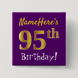 Purple, Faux Gold 95th Birthday, With Custom Name 2 Inch Square Button