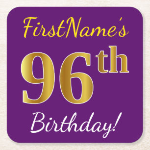 Purple, Faux Gold 96th Birthday + Custom Name Square Paper Coaster