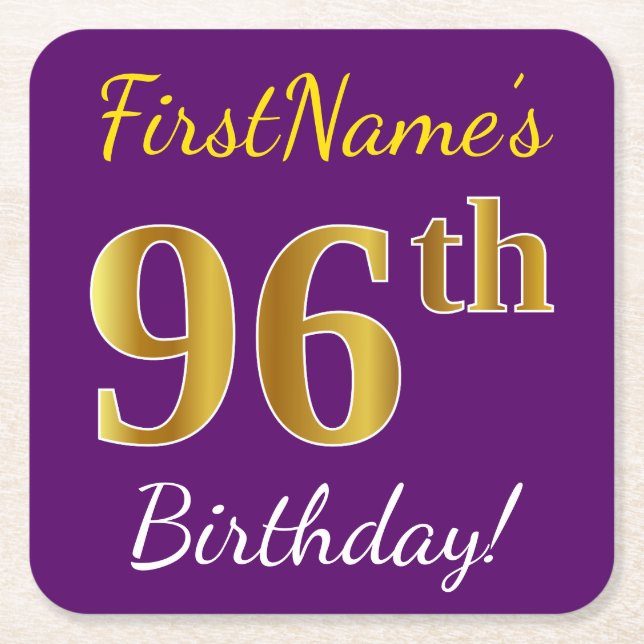 Purple, Faux Gold 96th Birthday + Custom Name Square Paper Coaster (Front)