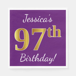 Purple, Faux Gold 97th Birthday + Custom Name Napkin
