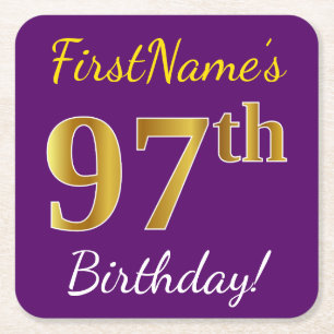 Purple, Faux Gold 97th Birthday + Custom Name Square Paper Coaster