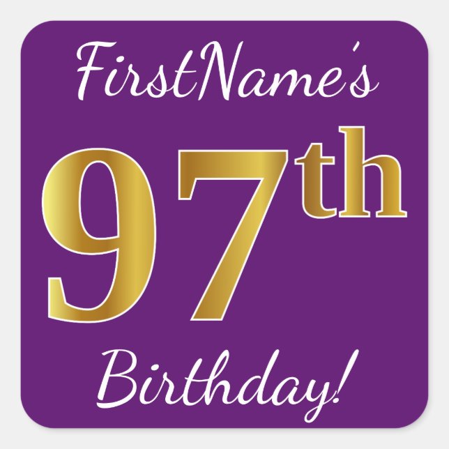 Purple, Faux Gold 97th Birthday + Custom Name Square Sticker (Front)