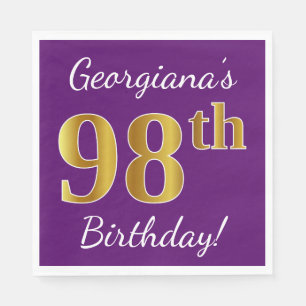 Purple, Faux Gold 98th Birthday + Custom Name Napkin