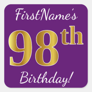 Purple, Faux Gold 98th Birthday + Custom Name Square Sticker