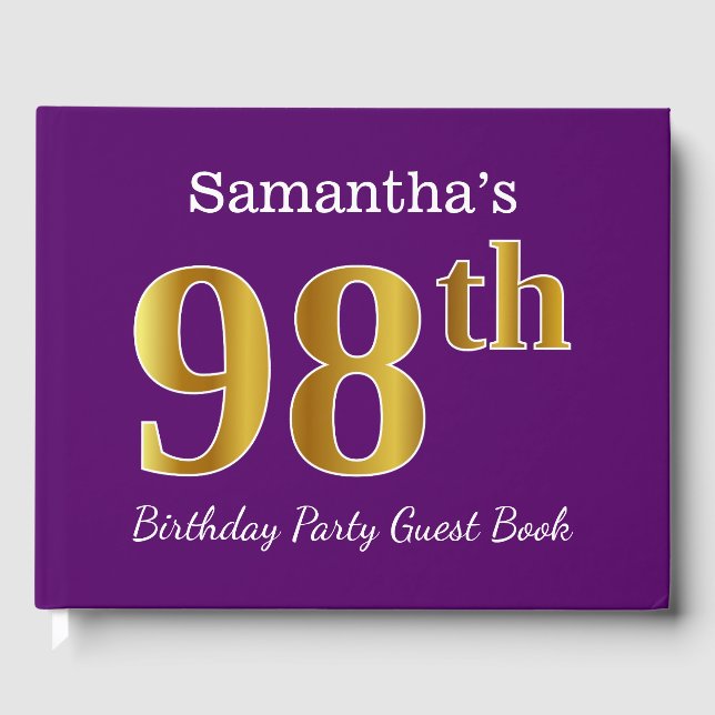 Purple, Faux Gold 98th Birthday Party; Custom Name Guest Book (Front)