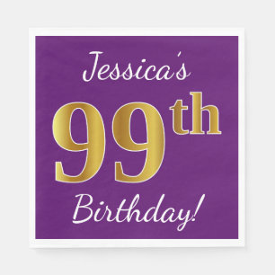 Purple, Faux Gold 99th Birthday + Custom Name Napkin