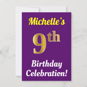 Purple, Faux Gold 9th Birthday Celebration + Name Invitation